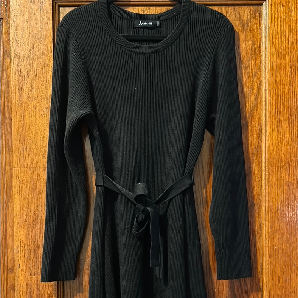 Black Ribbed Knit Belted Dress